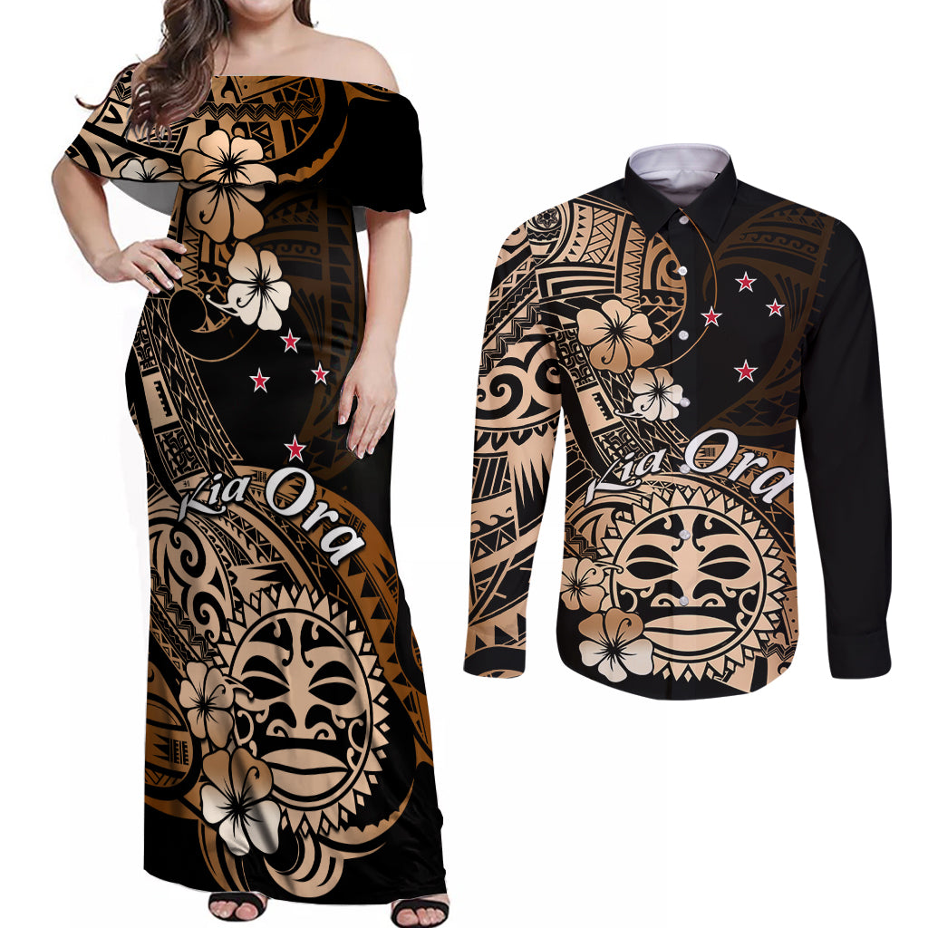 Aotearoa Kia Ora New Zealand Ta Moko Gold Version Couples Matching Off Shoulder Maxi Dress and Long Sleeve Button Shirt LT01 Gold - Polynesian Pride