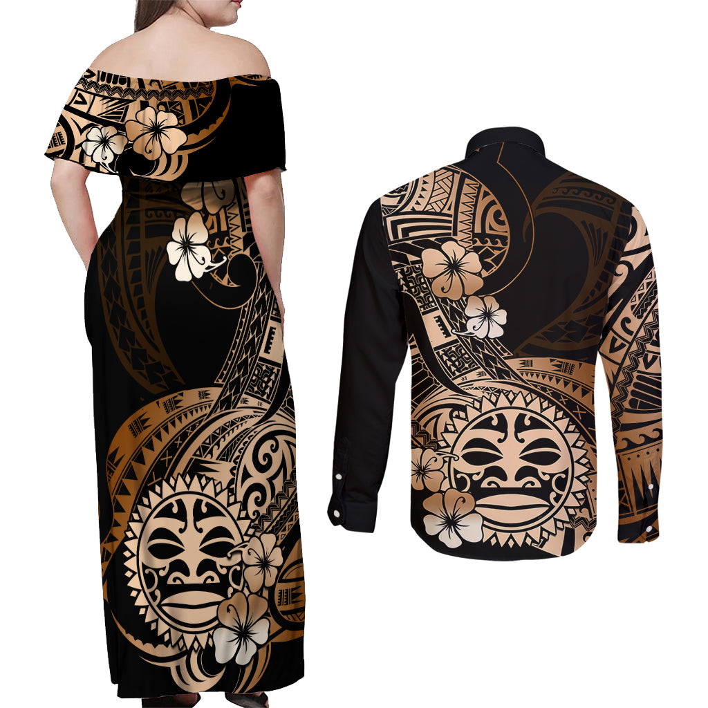 Aotearoa Kia Ora New Zealand Ta Moko Gold Version Couples Matching Off Shoulder Maxi Dress and Long Sleeve Button Shirt LT01 - Polynesian Pride