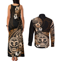 Aotearoa Kia Ora New Zealand Ta Moko Gold Version Couples Matching Tank Maxi Dress and Long Sleeve Button Shirt LT01 - Polynesian Pride