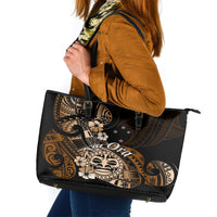 Aotearoa Kia Ora New Zealand Ta Moko Gold Version Leather Tote Bag LT01 Gold - Polynesian Pride