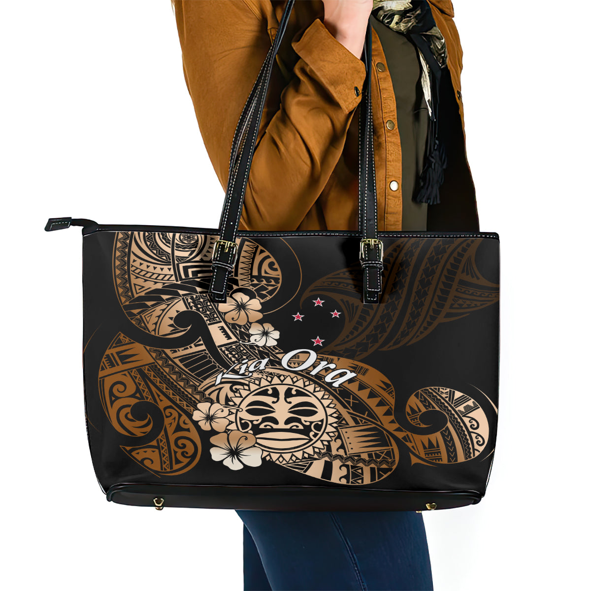 Aotearoa Kia Ora New Zealand Ta Moko Gold Version Leather Tote Bag LT01 - Polynesian Pride