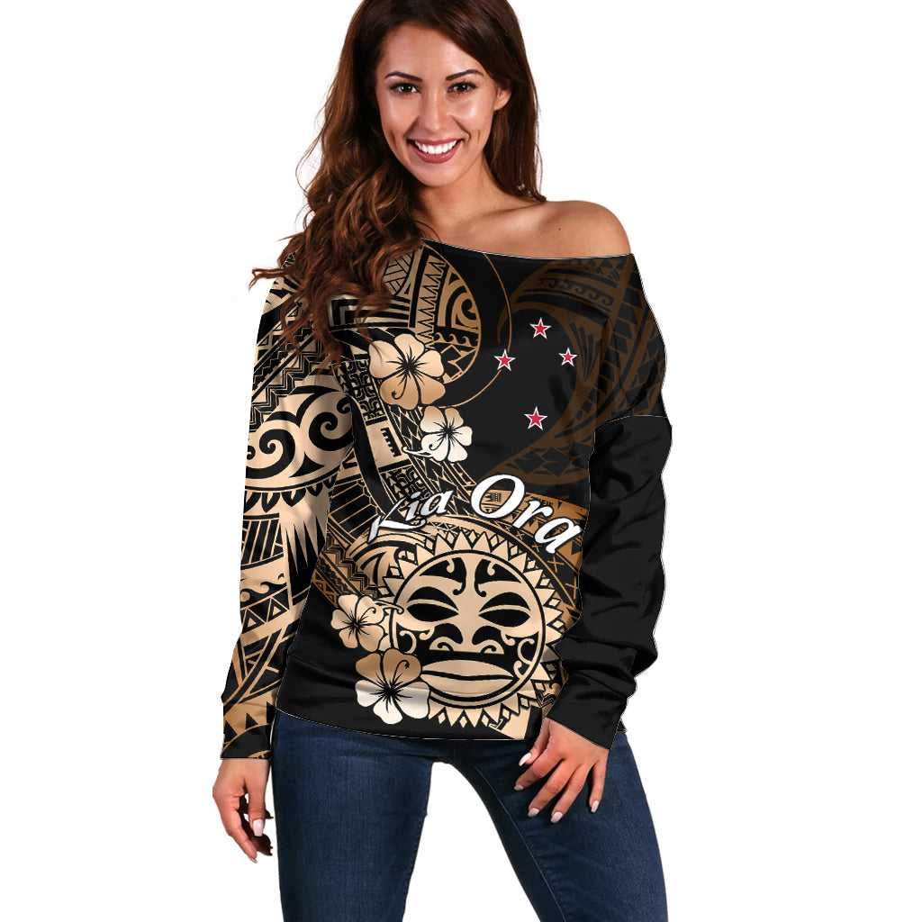 Aotearoa Kia Ora New Zealand Ta Moko Gold Version Off Shoulder Sweater LT01 Women Gold - Polynesian Pride