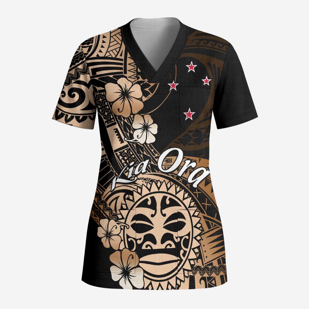 Aotearoa Kia Ora New Zealand Ta Moko Gold Version Scrub Top - Polynesian Pride