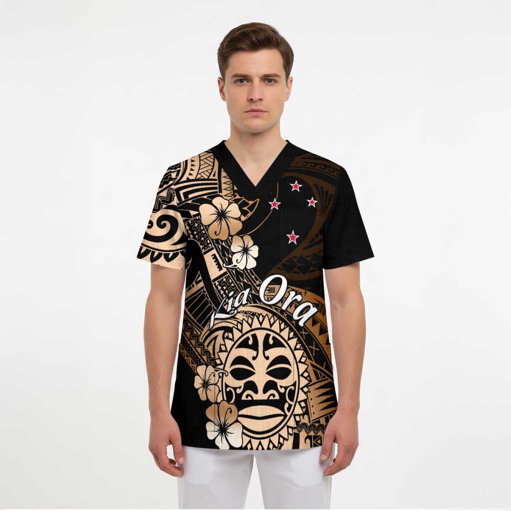Aotearoa Kia Ora New Zealand Ta Moko Gold Version Scrub Top - Polynesian Pride