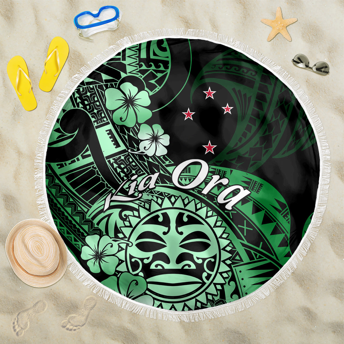 Aotearoa Kia Ora New Zealand Ta Moko Green Version Beach Blanket LT01 One Size 150cm Green - Polynesian Pride