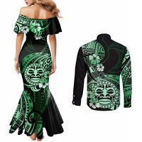 Aotearoa Kia Ora New Zealand Ta Moko Green Version Couples Matching Mermaid Dress and Long Sleeve Button Shirt LT01 - Polynesian Pride