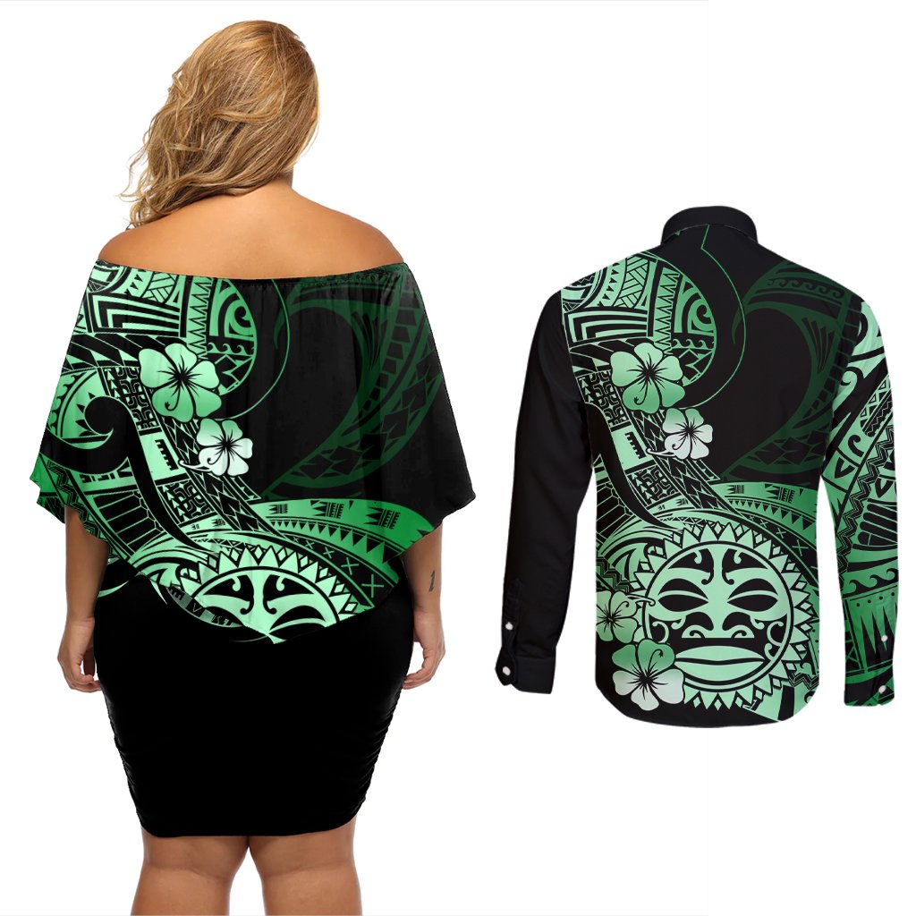 Aotearoa Kia Ora New Zealand Ta Moko Green Version Couples Matching Off Shoulder Short Dress and Long Sleeve Button Shirt LT01 - Polynesian Pride
