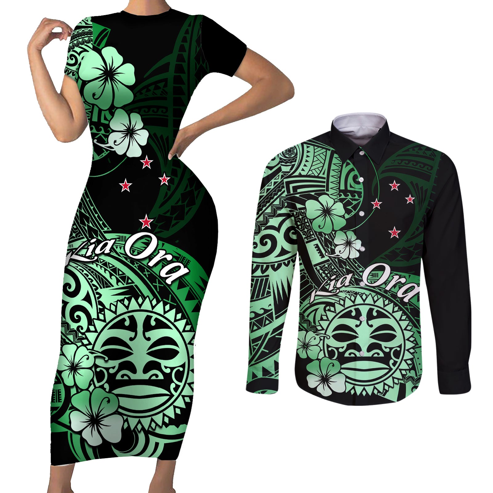 Aotearoa Kia Ora New Zealand Ta Moko Green Version Couples Matching Short Sleeve Bodycon Dress and Long Sleeve Button Shirt LT01 Green - Polynesian Pride