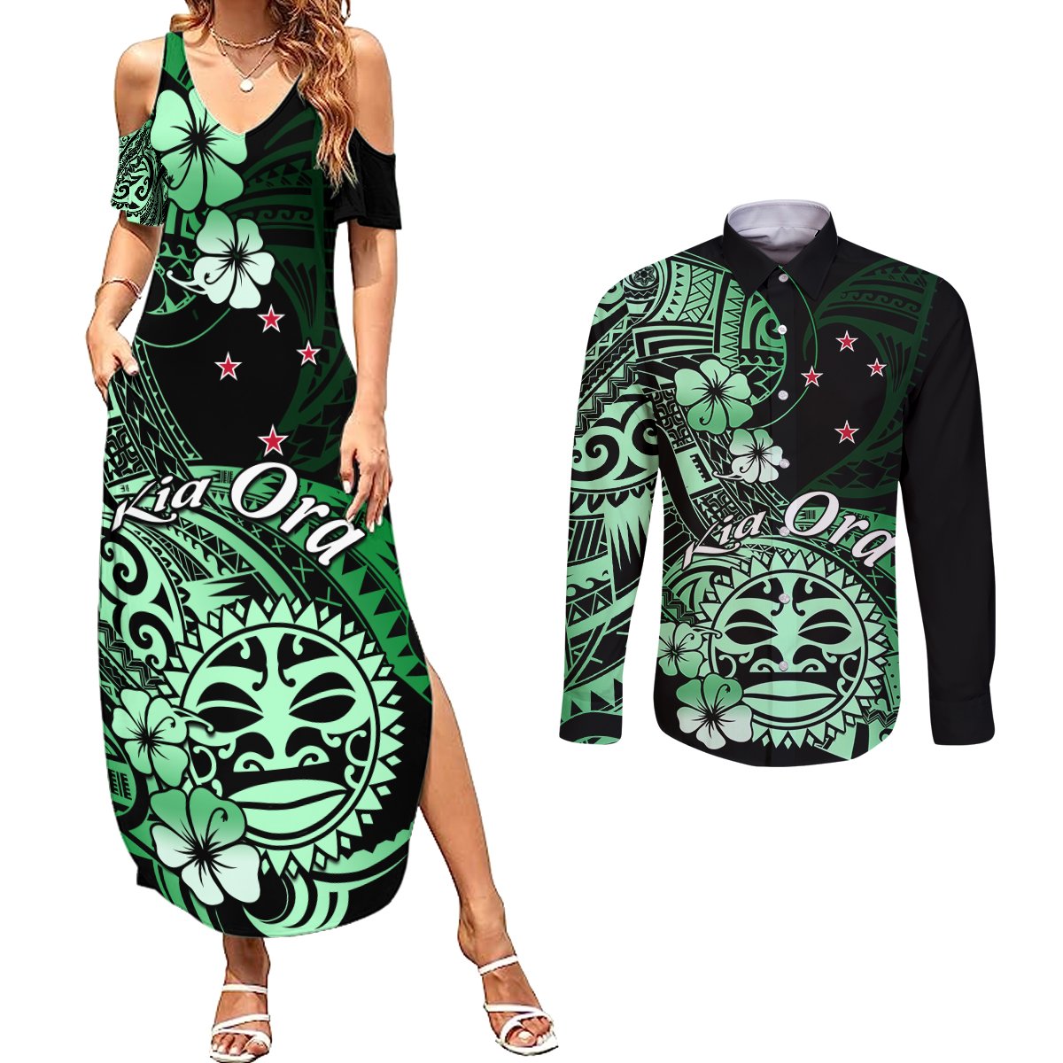 Aotearoa Kia Ora New Zealand Ta Moko Green Version Couples Matching Summer Maxi Dress and Long Sleeve Button Shirt LT01 Green - Polynesian Pride