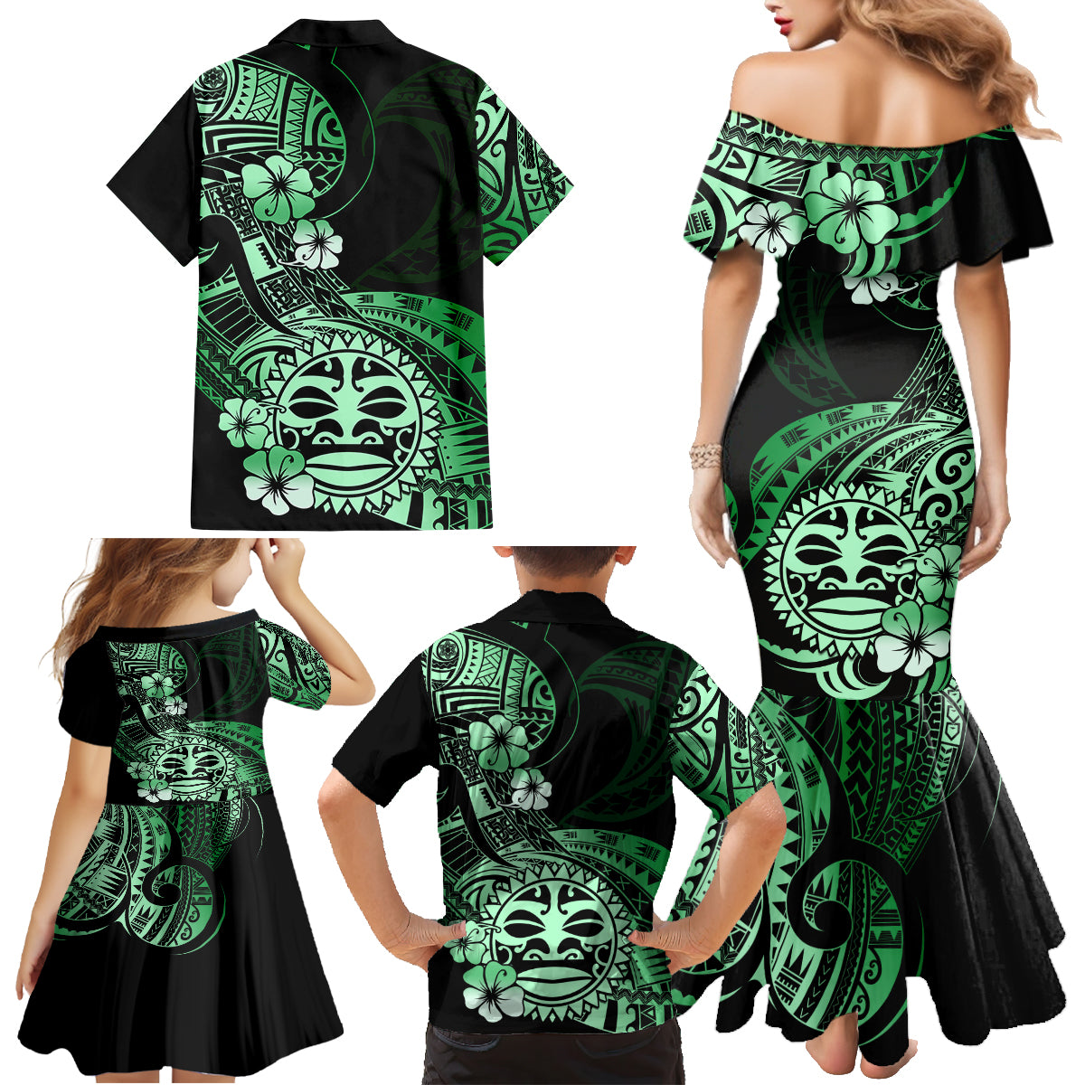Aotearoa Kia Ora New Zealand Ta Moko Green Version Family Matching Mermaid Dress and Hawaiian Shirt LT01 - Polynesian Pride