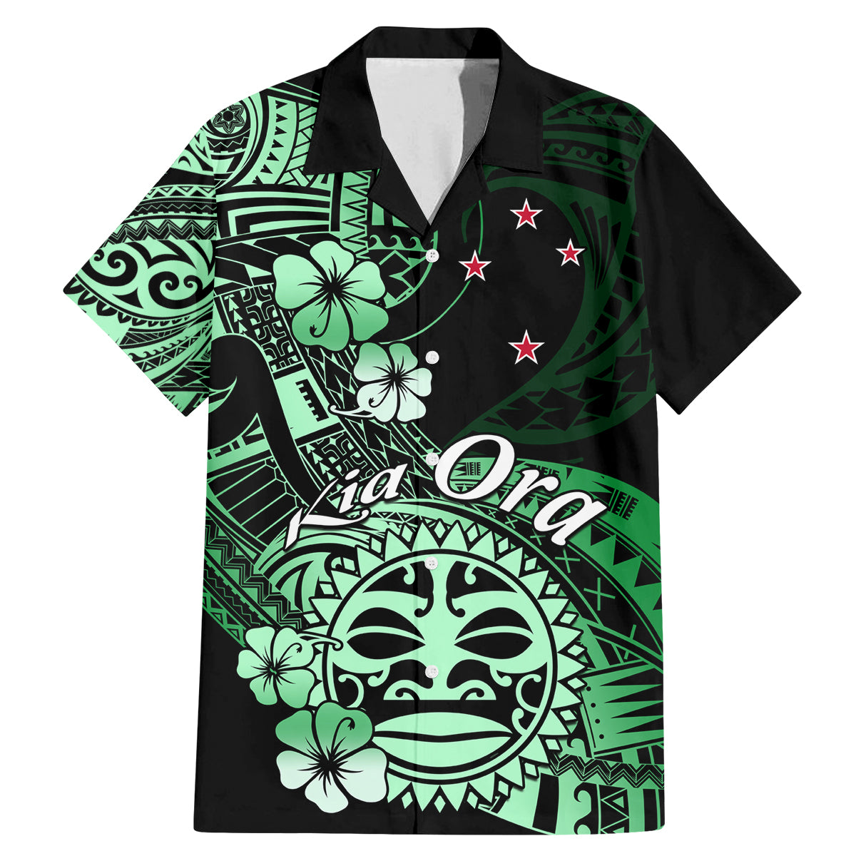Aotearoa Kia Ora New Zealand Ta Moko Green Version Family Matching Mermaid Dress and Hawaiian Shirt LT01 Dad's Shirt - Short Sleeve Green - Polynesian Pride