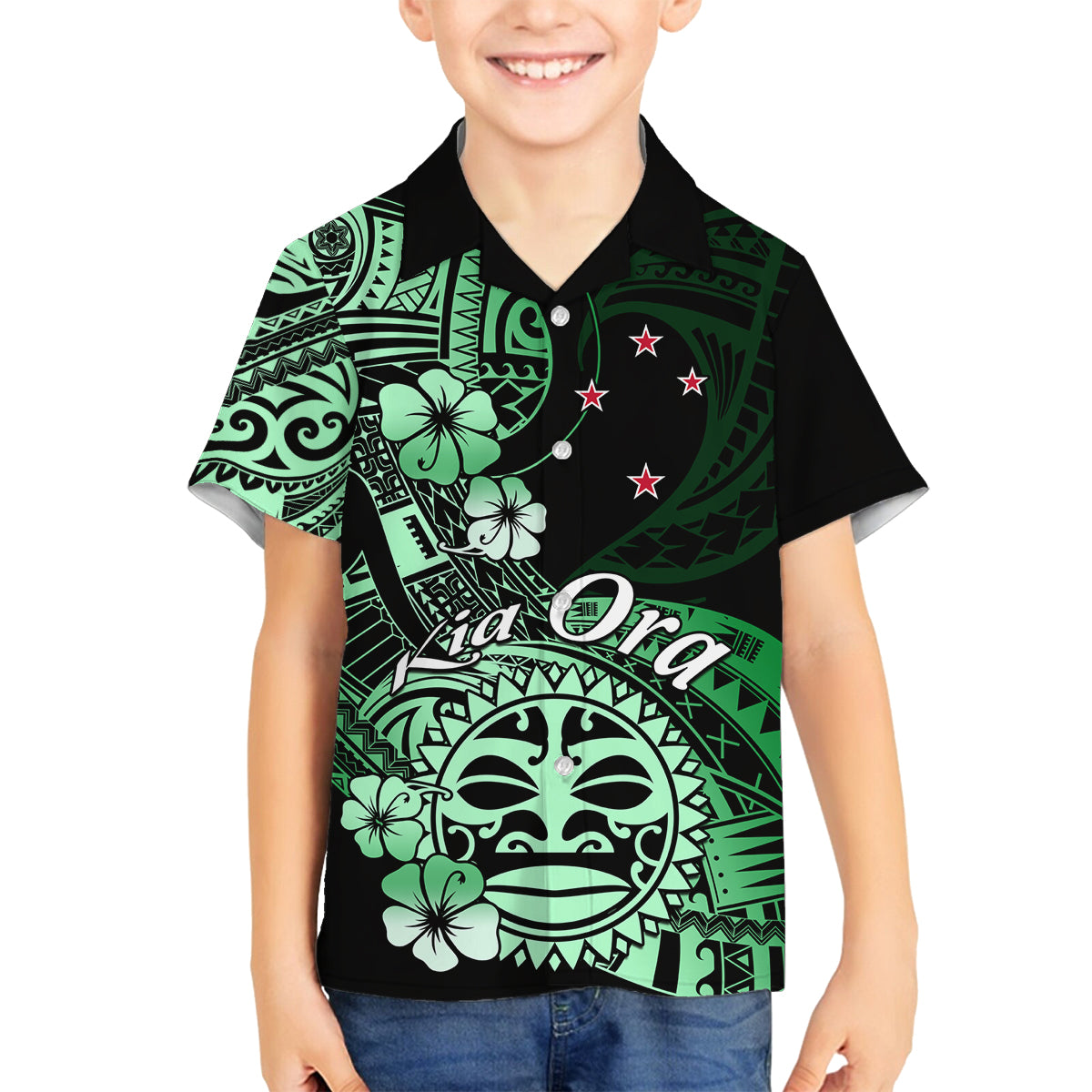 Aotearoa Kia Ora New Zealand Ta Moko Green Version Family Matching Puletasi Dress and Hawaiian Shirt LT01 Son's Shirt Green - Polynesian Pride