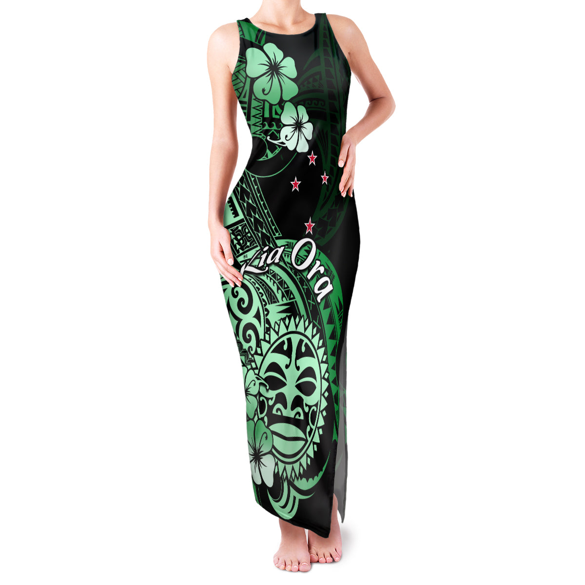 Aotearoa Kia Ora New Zealand Ta Moko Green Version Family Matching Tank Maxi Dress and Hawaiian Shirt LT01 Mom's Dress Green - Polynesian Pride