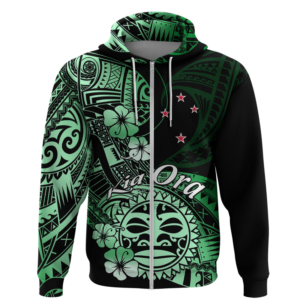 Aotearoa Kia Ora New Zealand Ta Moko Green Version Hoodie LT01 Zip Hoodie Green - Polynesian Pride
