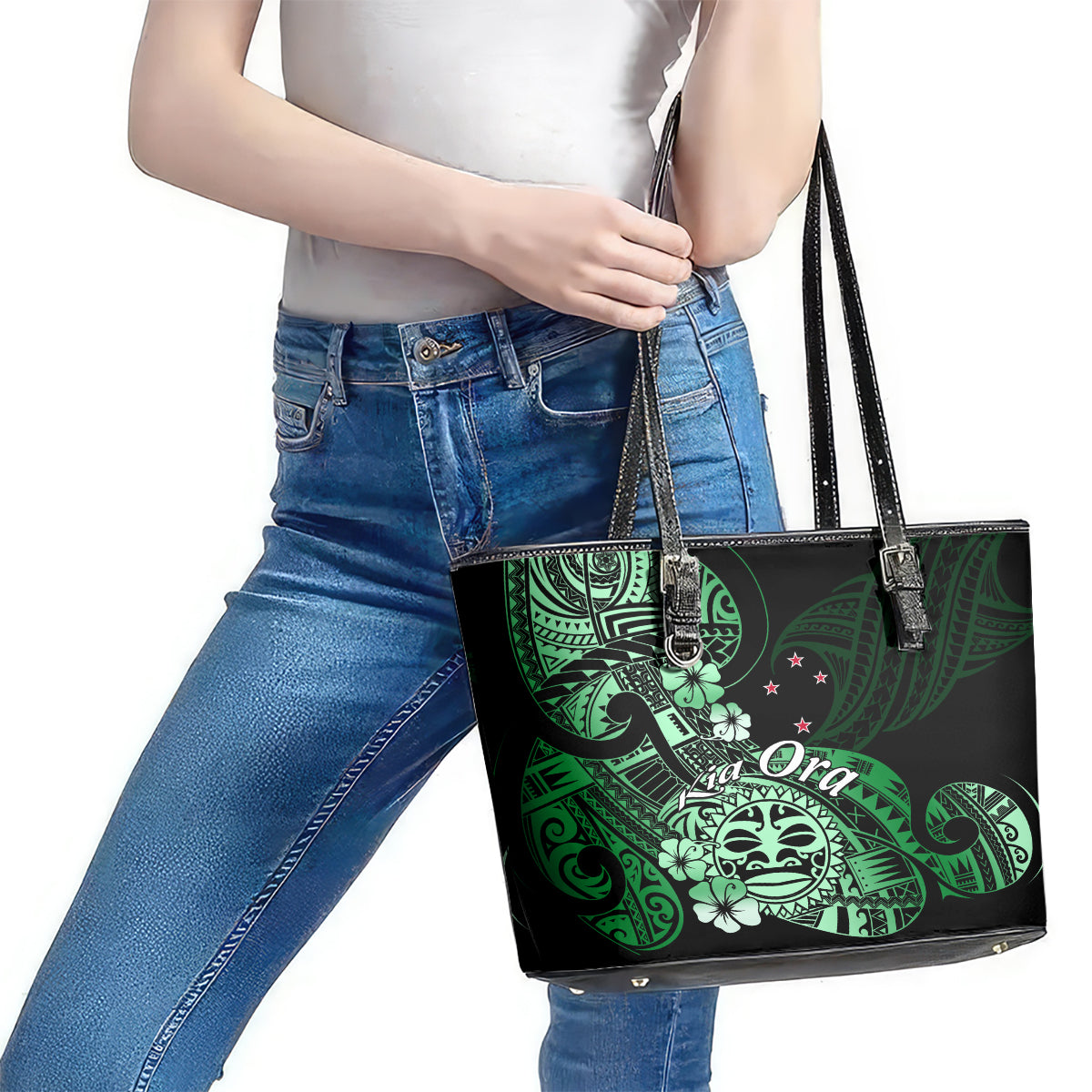 Aotearoa Kia Ora New Zealand Ta Moko Green Version Leather Tote Bag LT01 - Polynesian Pride