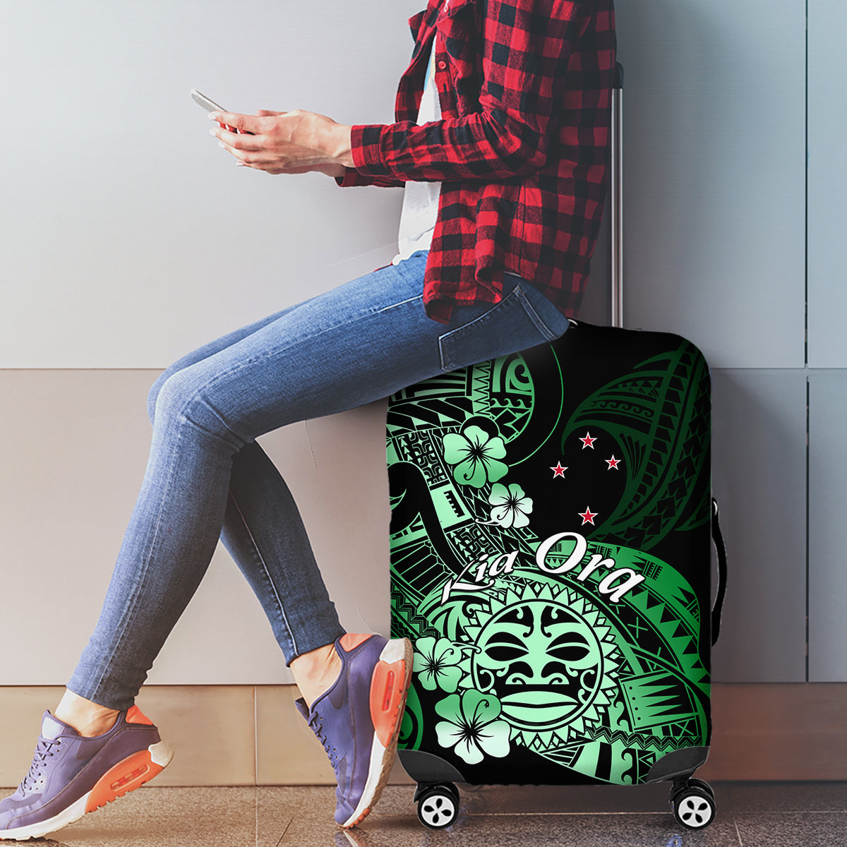 Aotearoa Kia Ora New Zealand Ta Moko Green Version Luggage Cover LT01 - Polynesian Pride