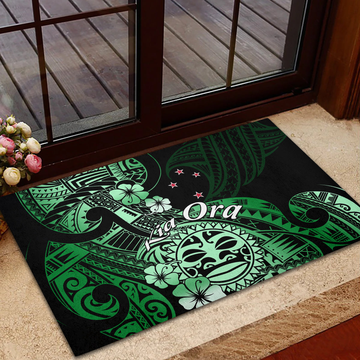 Aotearoa Kia Ora New Zealand Ta Moko Green Version Rubber Doormat LT01 - Polynesian Pride