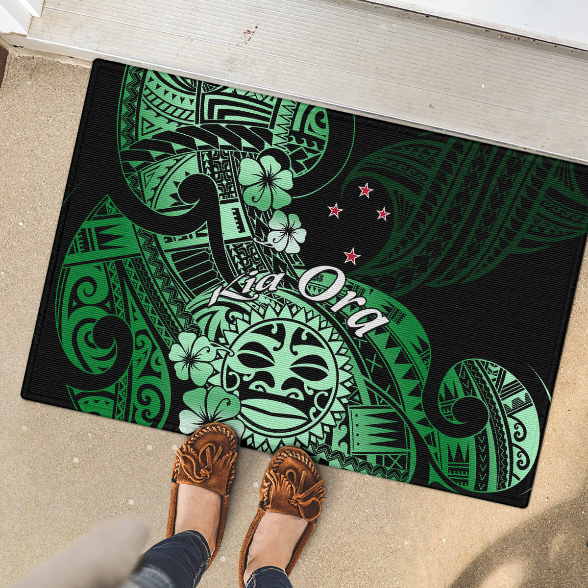 Aotearoa Kia Ora New Zealand Ta Moko Green Version Rubber Doormat LT01 - Polynesian Pride