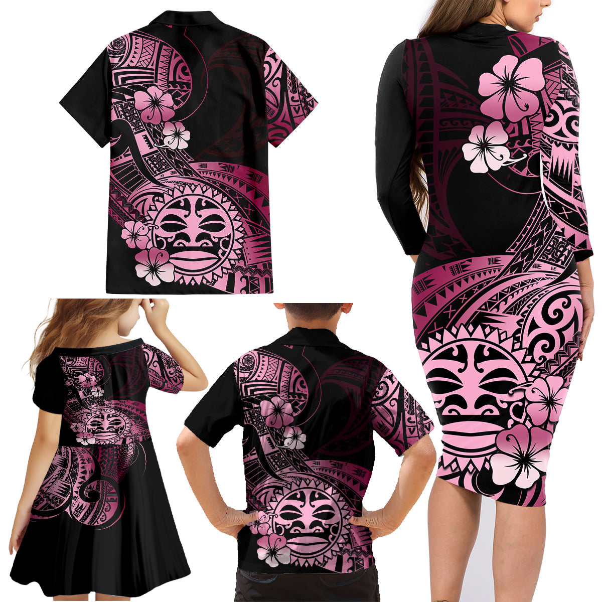 Aotearoa Kia Ora New Zealand Ta Moko Pink Version Family Matching Long Sleeve Bodycon Dress and Hawaiian Shirt LT01 - Polynesian Pride