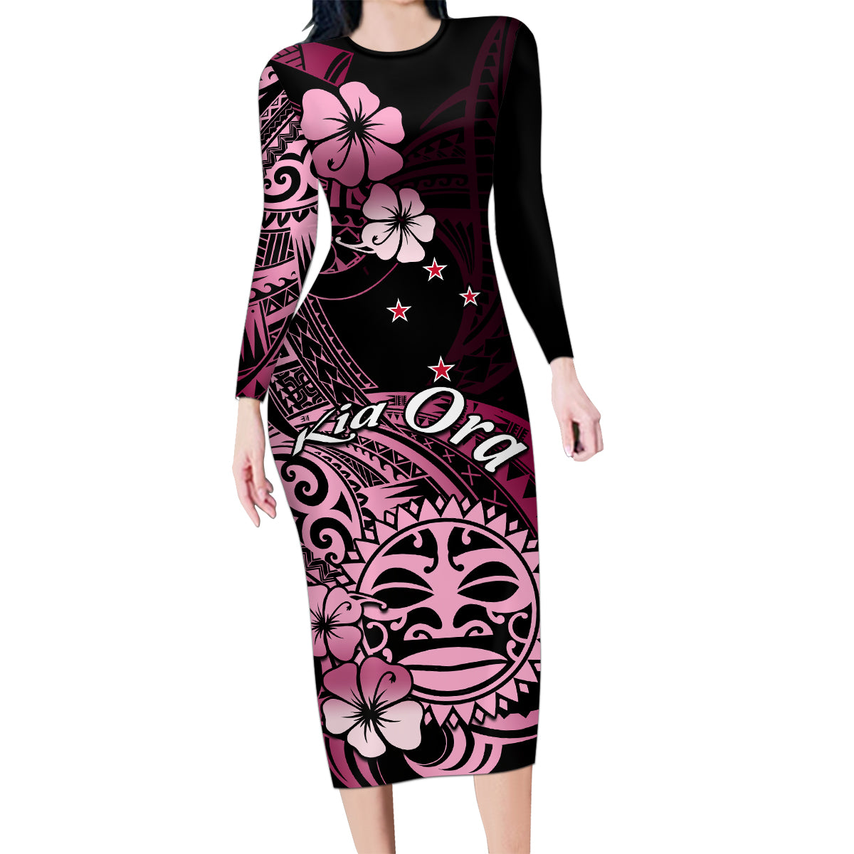 Aotearoa Kia Ora New Zealand Ta Moko Pink Version Family Matching Long Sleeve Bodycon Dress and Hawaiian Shirt LT01 Mom's Dress Pink - Polynesian Pride