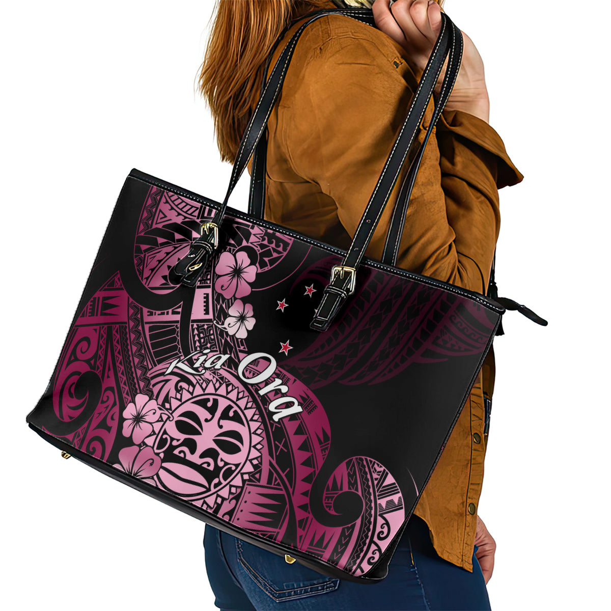 Aotearoa Kia Ora New Zealand Ta Moko Pink Version Leather Tote Bag LT01 - Polynesian Pride
