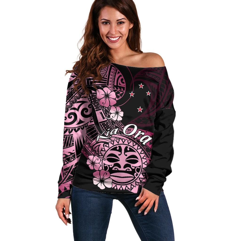 Aotearoa Kia Ora New Zealand Ta Moko Pink Version Off Shoulder Sweater LT01 Women Pink - Polynesian Pride