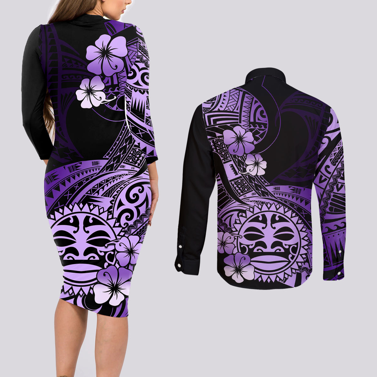 Aotearoa Kia Ora New Zealand Ta Moko Purple Version Couples Matching Long Sleeve Bodycon Dress and Long Sleeve Button Shirt LT01 - Polynesian Pride