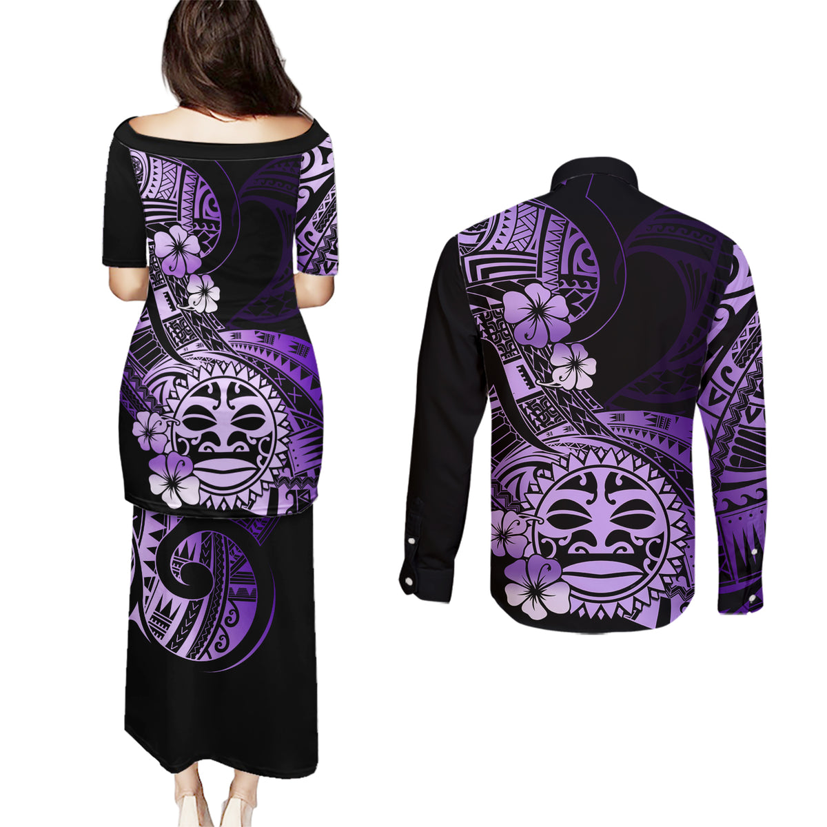 Aotearoa Kia Ora New Zealand Ta Moko Purple Version Couples Matching Puletasi Dress and Long Sleeve Button Shirt LT01 - Polynesian Pride