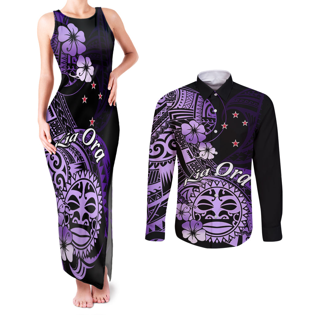 Aotearoa Kia Ora New Zealand Ta Moko Purple Version Couples Matching Tank Maxi Dress and Long Sleeve Button Shirt LT01 Purple - Polynesian Pride