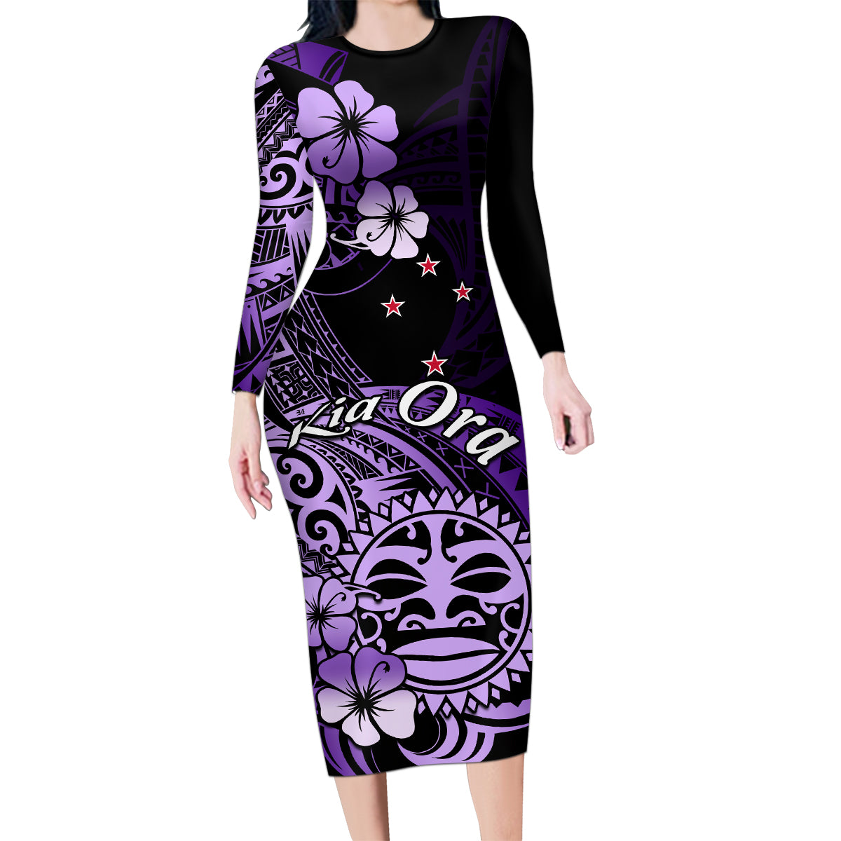 Aotearoa Kia Ora New Zealand Ta Moko Purple Version Family Matching Long Sleeve Bodycon Dress and Hawaiian Shirt LT01 Mom's Dress Purple - Polynesian Pride