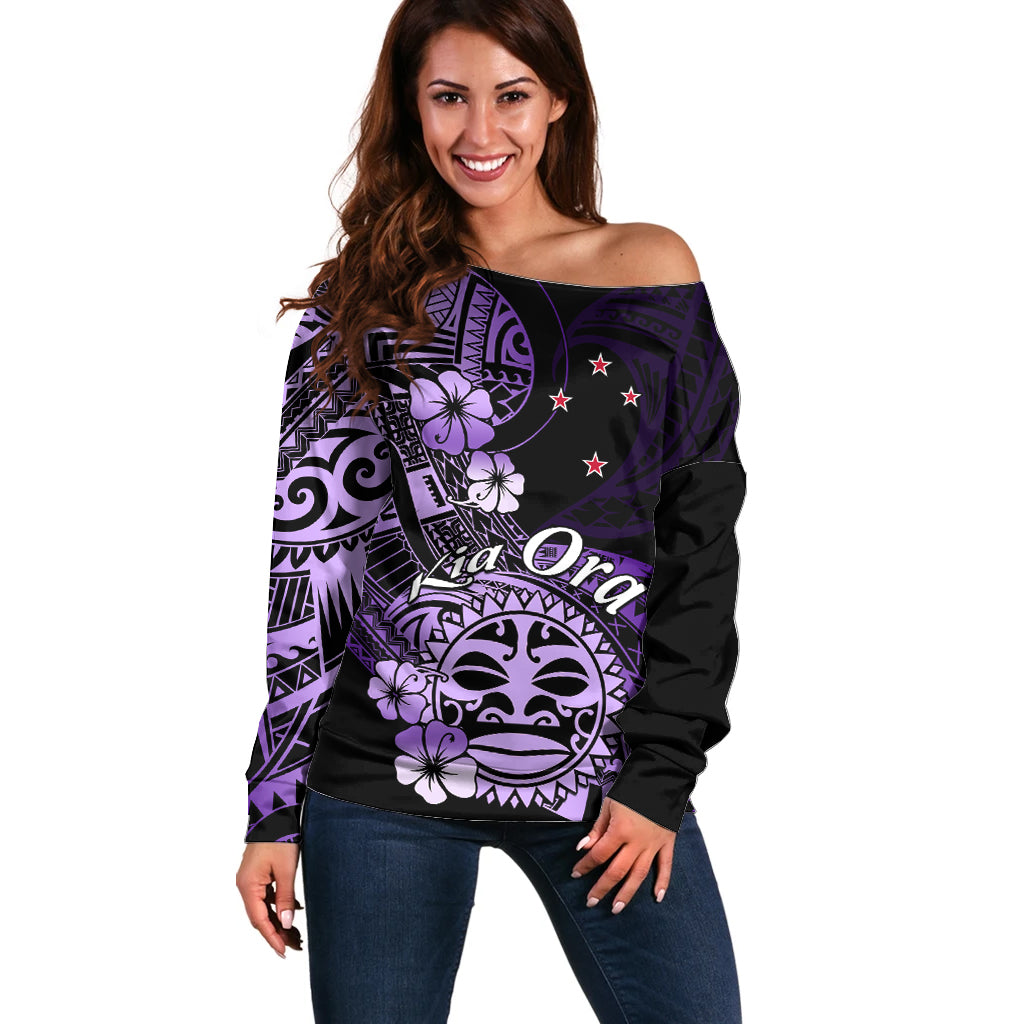 Aotearoa Kia Ora New Zealand Ta Moko Purple Version Off Shoulder Sweater LT01 Women Purple - Polynesian Pride