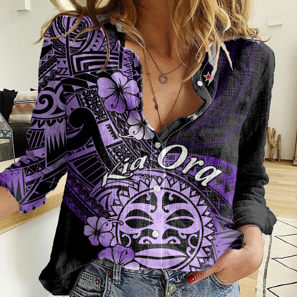 Aotearoa Kia Ora New Zealand Ta Moko Purple Version Women Casual Shirt LT01 Female Purple - Polynesian Pride