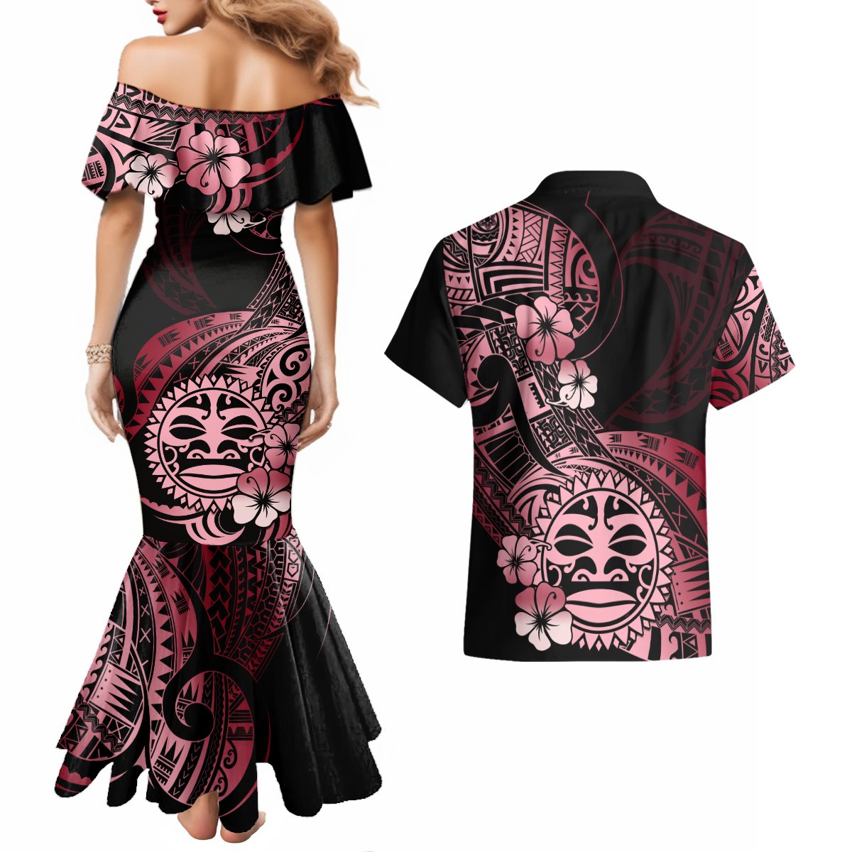 Aotearoa Kia Ora New Zealand Ta Moko Red Version Couples Matching Mermaid Dress and Hawaiian Shirt LT01 - Polynesian Pride