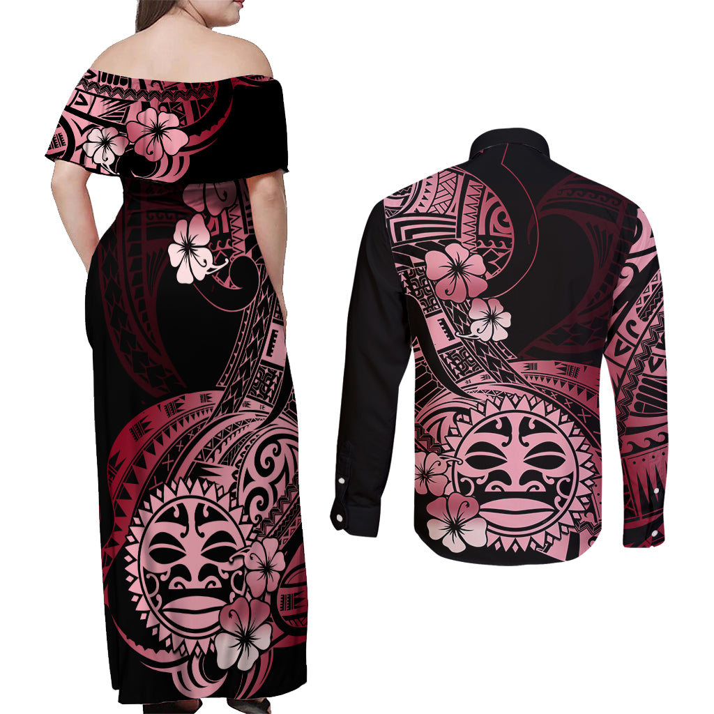 Aotearoa Kia Ora New Zealand Ta Moko Red Version Couples Matching Off Shoulder Maxi Dress and Long Sleeve Button Shirt LT01 - Polynesian Pride