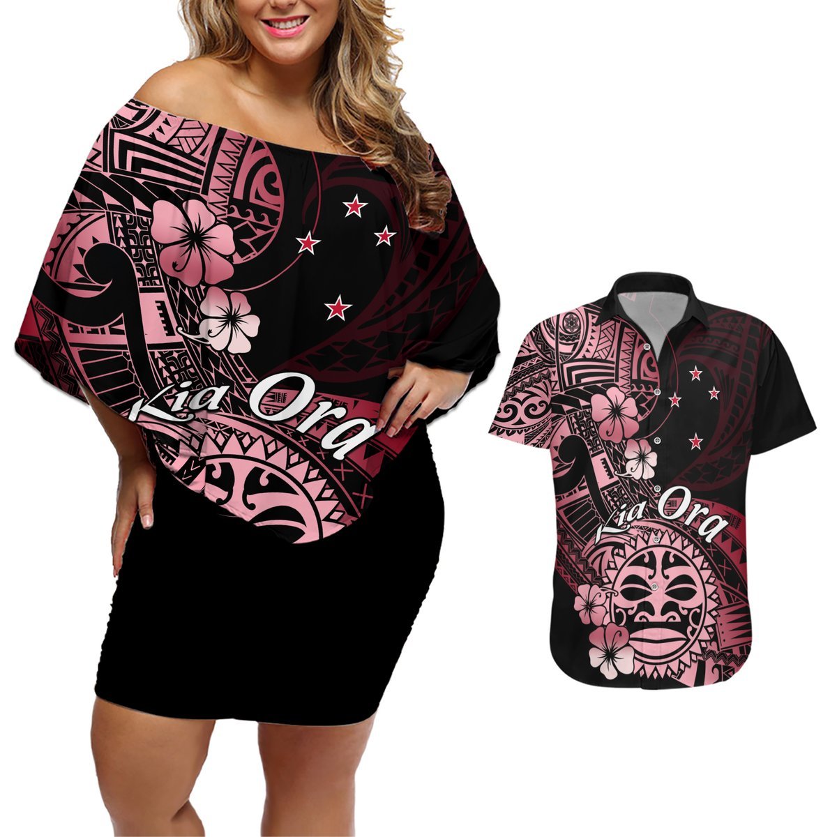 Aotearoa Kia Ora New Zealand Ta Moko Red Version Couples Matching Off Shoulder Short Dress and Hawaiian Shirt LT01 Red - Polynesian Pride