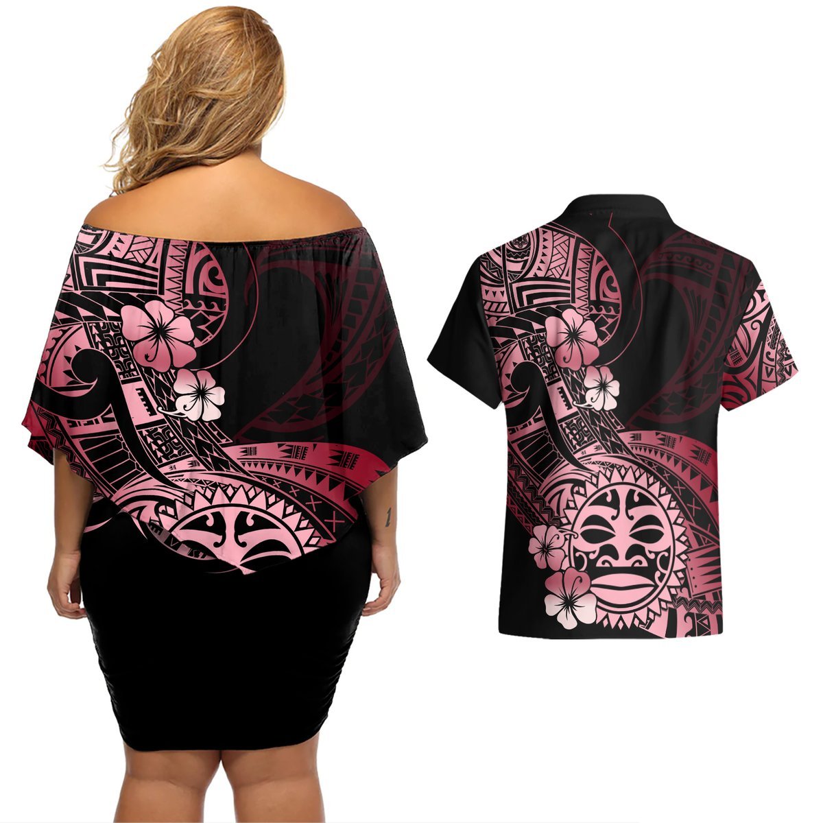Aotearoa Kia Ora New Zealand Ta Moko Red Version Couples Matching Off Shoulder Short Dress and Hawaiian Shirt LT01 - Polynesian Pride