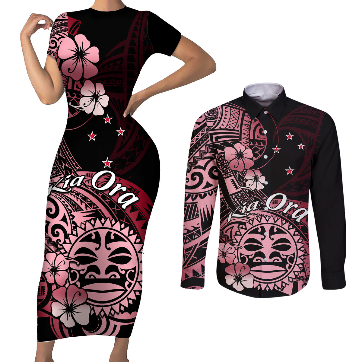 Aotearoa Kia Ora New Zealand Ta Moko Red Version Couples Matching Short Sleeve Bodycon Dress and Long Sleeve Button Shirt LT01 Red - Polynesian Pride