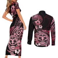 Aotearoa Kia Ora New Zealand Ta Moko Red Version Couples Matching Short Sleeve Bodycon Dress and Long Sleeve Button Shirt LT01 - Polynesian Pride