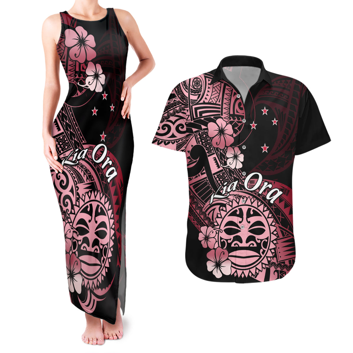 Aotearoa Kia Ora New Zealand Ta Moko Red Version Couples Matching Tank Maxi Dress and Hawaiian Shirt LT01 Red - Polynesian Pride