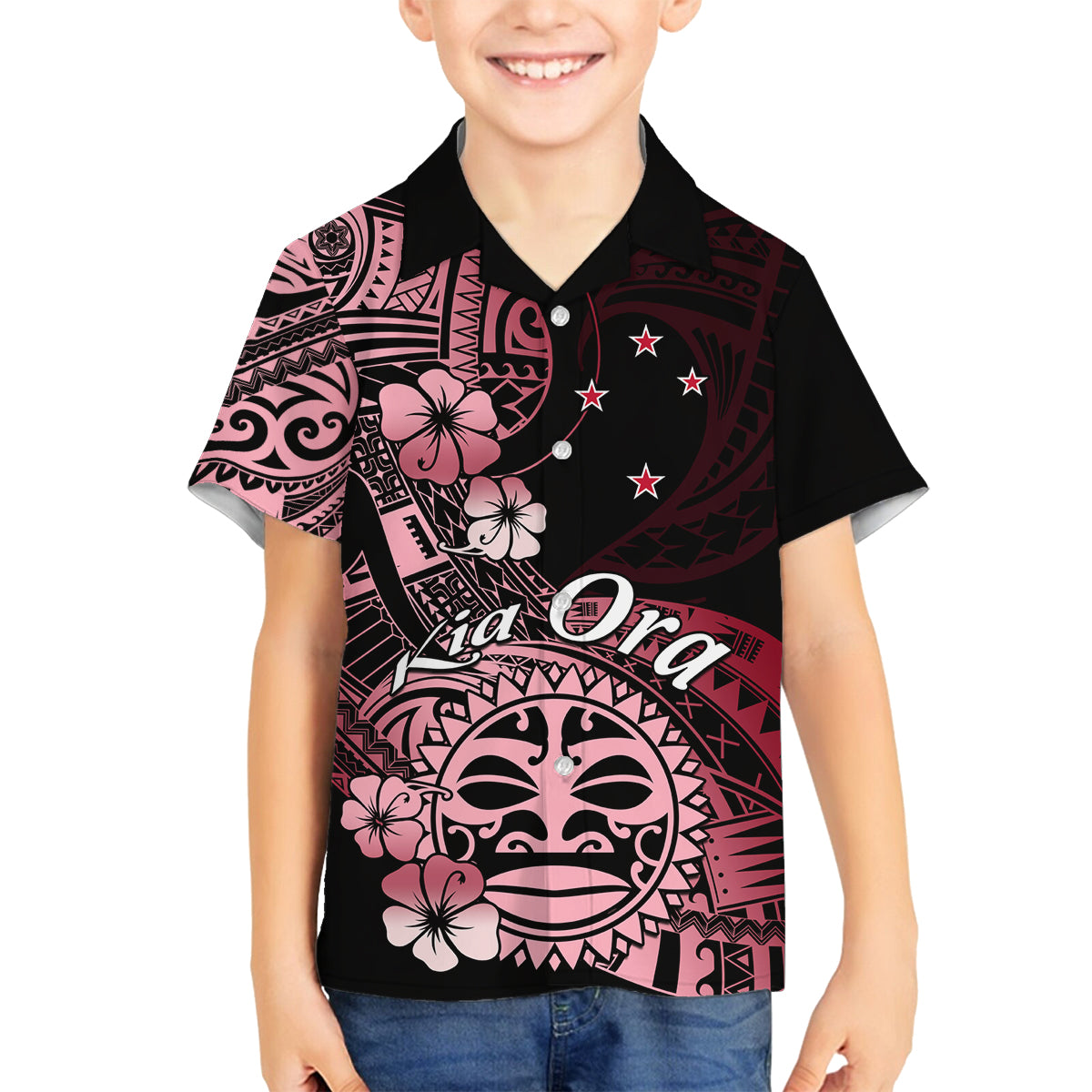 Aotearoa Kia Ora New Zealand Ta Moko Red Version Family Matching Tank Maxi Dress and Hawaiian Shirt LT01 Son's Shirt Red - Polynesian Pride