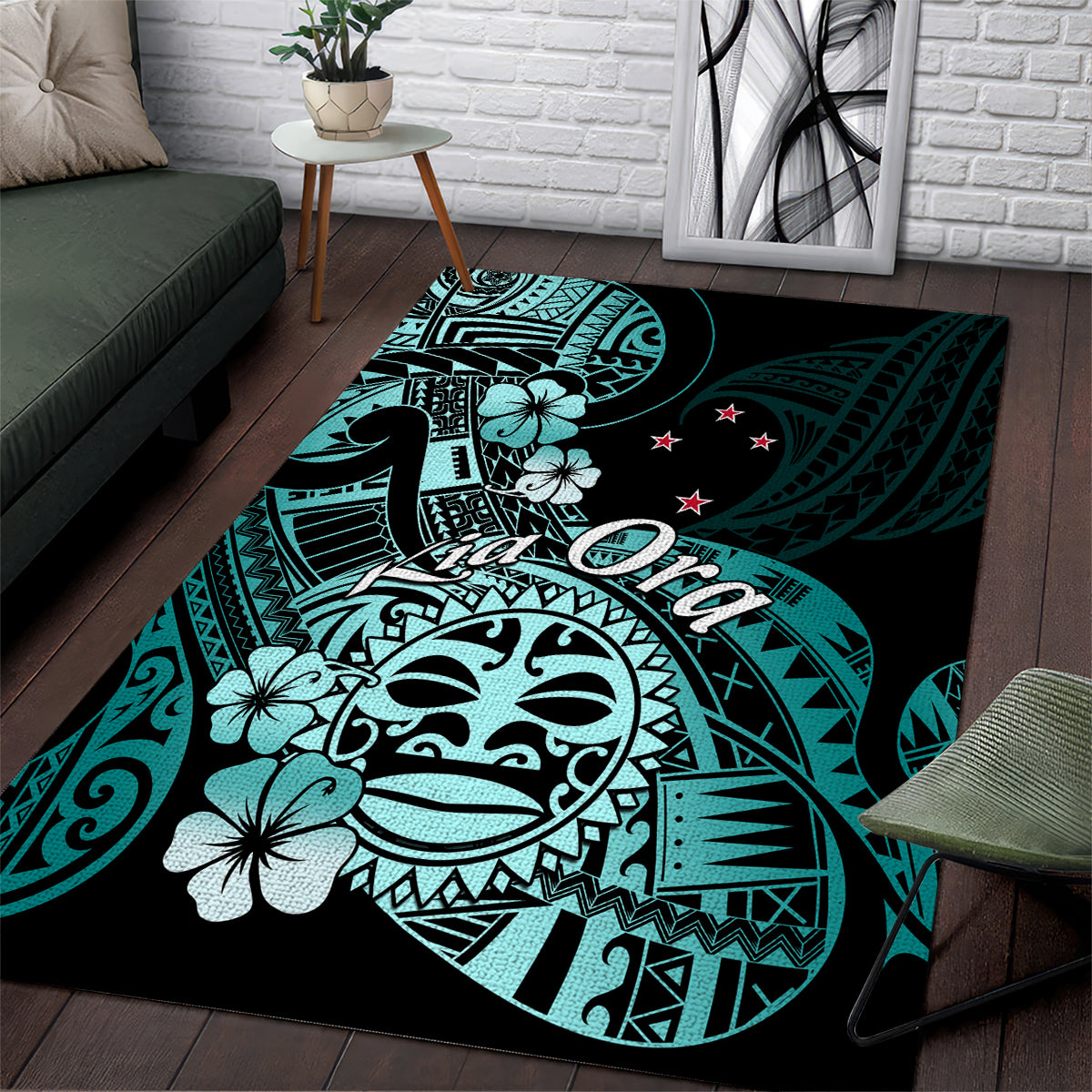 Aotearoa Kia Ora New Zealand Ta Moko Turquoise Version Area Rug LT01 Turquoise - Polynesian Pride