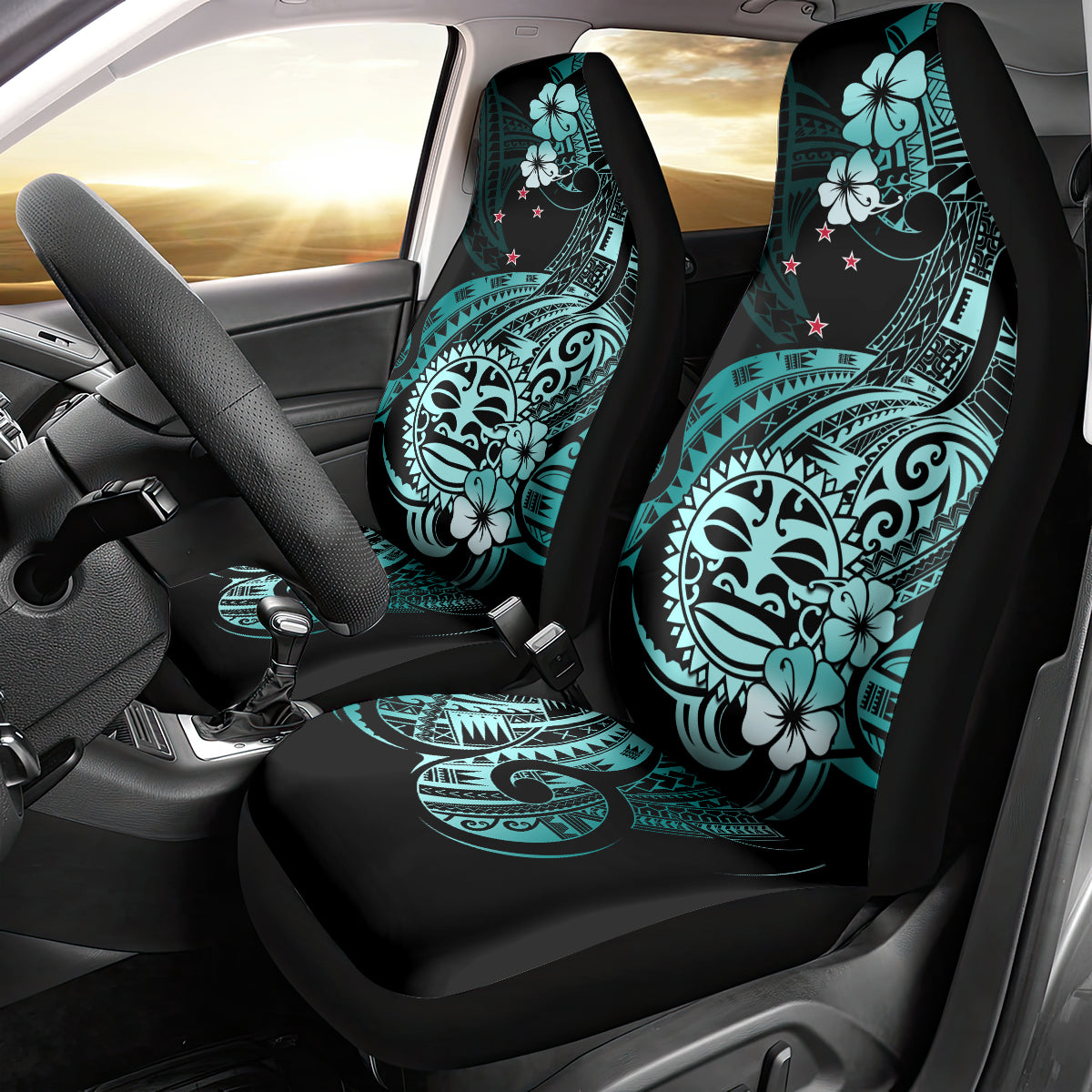 Aotearoa Kia Ora New Zealand Ta Moko Turquoise Version Car Seat Cover LT01 - Polynesian Pride