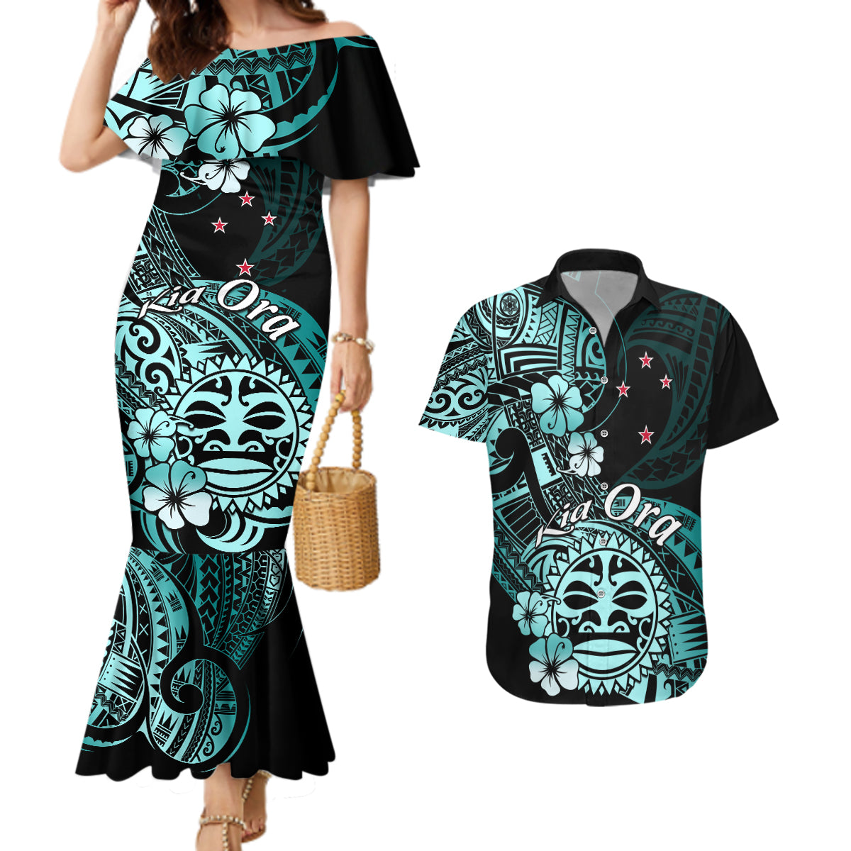 Aotearoa Kia Ora New Zealand Ta Moko Turquoise Version Couples Matching Mermaid Dress and Hawaiian Shirt LT01 Turquoise - Polynesian Pride