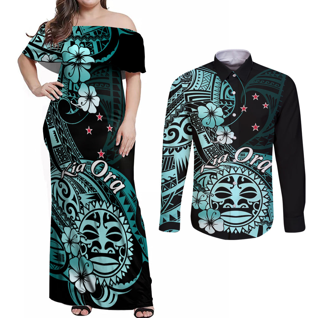 Aotearoa Kia Ora New Zealand Ta Moko Turquoise Version Couples Matching Off Shoulder Maxi Dress and Long Sleeve Button Shirt LT01 Turquoise - Polynesian Pride