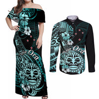 Aotearoa Kia Ora New Zealand Ta Moko Turquoise Version Couples Matching Off Shoulder Maxi Dress and Long Sleeve Button Shirt LT01 Turquoise - Polynesian Pride