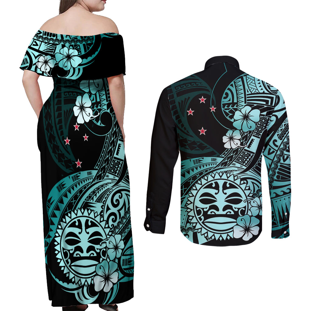 Aotearoa Kia Ora New Zealand Ta Moko Turquoise Version Couples Matching Off Shoulder Maxi Dress and Long Sleeve Button Shirt LT01 - Polynesian Pride