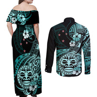 Aotearoa Kia Ora New Zealand Ta Moko Turquoise Version Couples Matching Off Shoulder Maxi Dress and Long Sleeve Button Shirt LT01 - Polynesian Pride