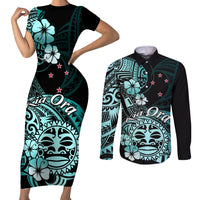 Aotearoa Kia Ora New Zealand Ta Moko Turquoise Version Couples Matching Short Sleeve Bodycon Dress and Long Sleeve Button Shirt LT01 Turquoise - Polynesian Pride