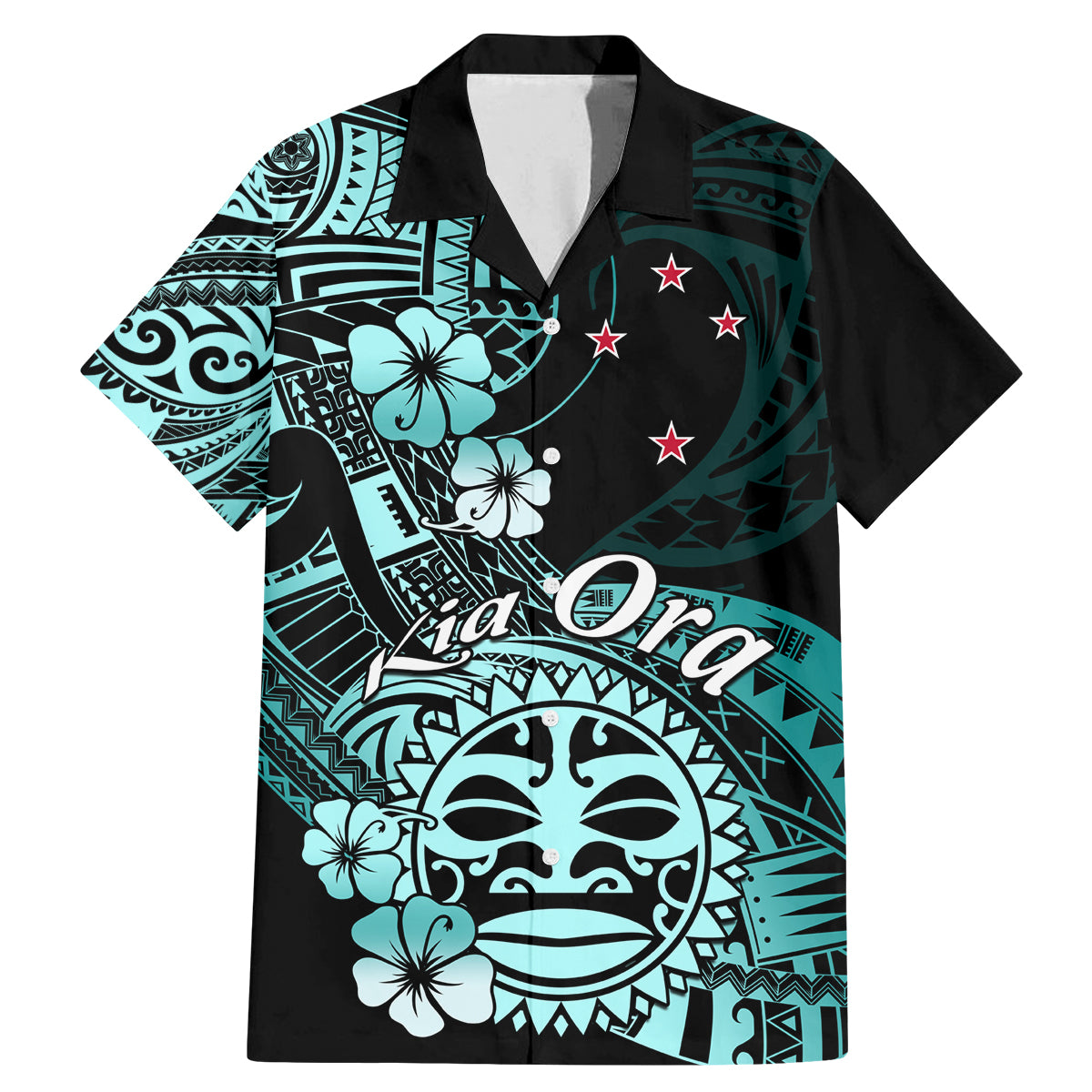 Aotearoa Kia Ora New Zealand Ta Moko Turquoise Version Family Matching Mermaid Dress and Hawaiian Shirt LT01 Dad's Shirt - Short Sleeve Turquoise - Polynesian Pride