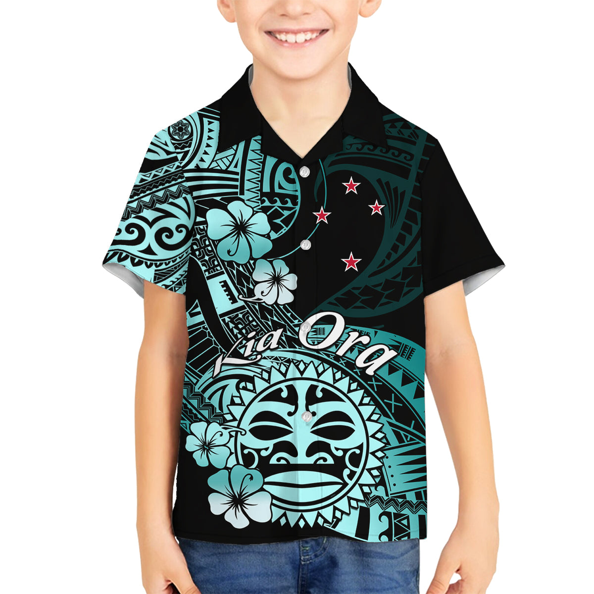 Aotearoa Kia Ora New Zealand Ta Moko Turquoise Version Family Matching Off Shoulder Short Dress and Hawaiian Shirt LT01 Son's Shirt Turquoise - Polynesian Pride